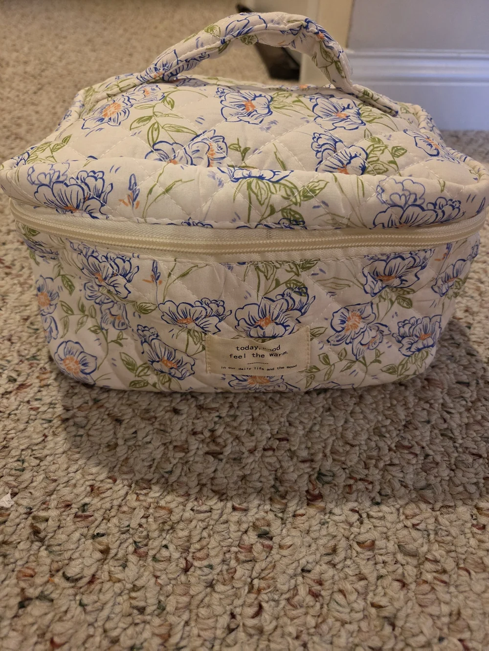Floral Quilted Cosmetic Case - Cream with Blue Floral Print